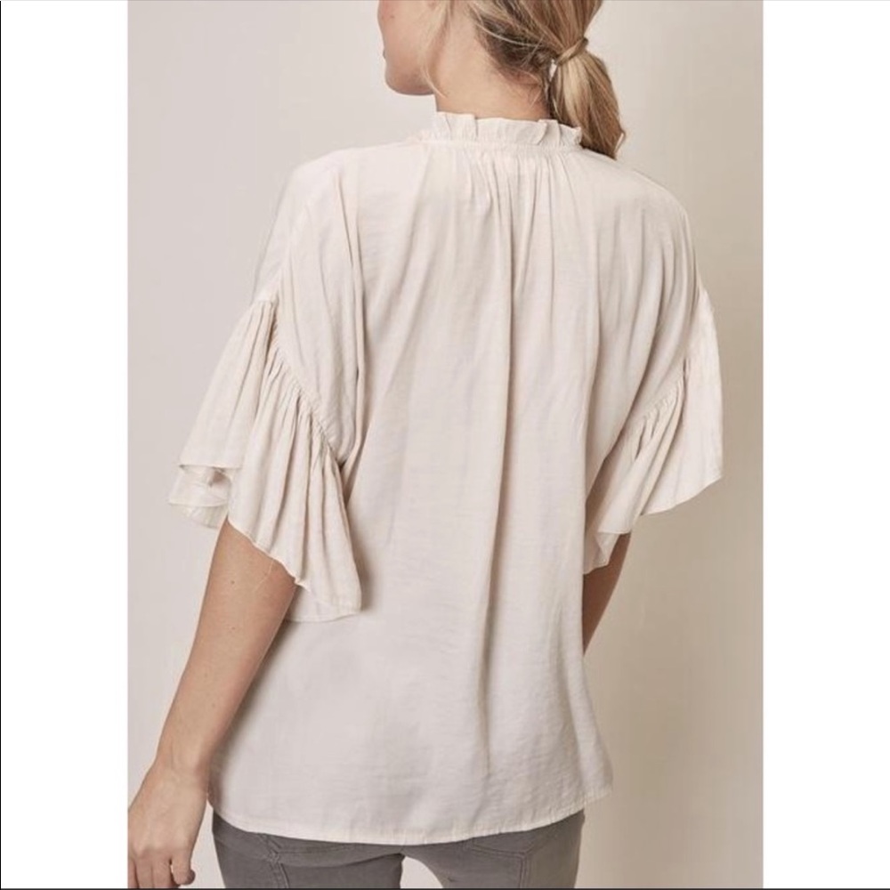 Mustard Seed Cream Ruffle Trim Tie Front Blouse